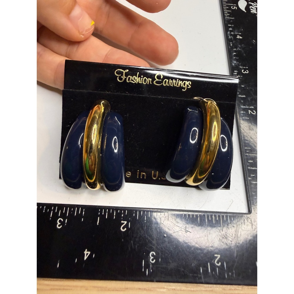 Navy Blue Gold Tone Chunky Triple Hoop Earrings Post Back Made in USA